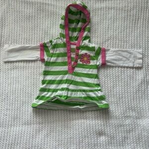 Striped Green and Pink Kids Hooded shirt with Floral Accent